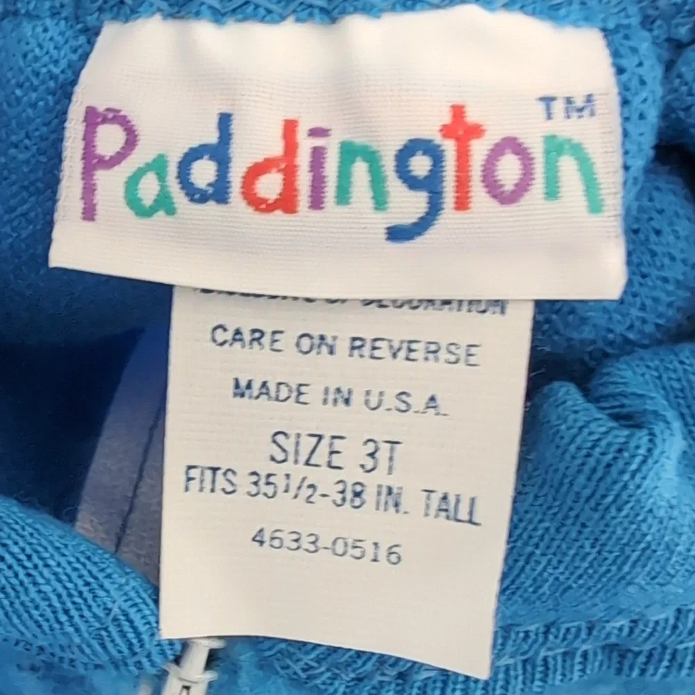 Vintage Children's Size 3T Paddington Bear Blue Footed Zip Up Pajamas